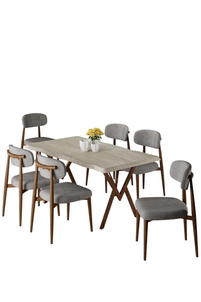 Set masa si scaune (7 piese), Hanah Home, Zerra, Travertin / Aspect de lemn / Gri — imaginea 2