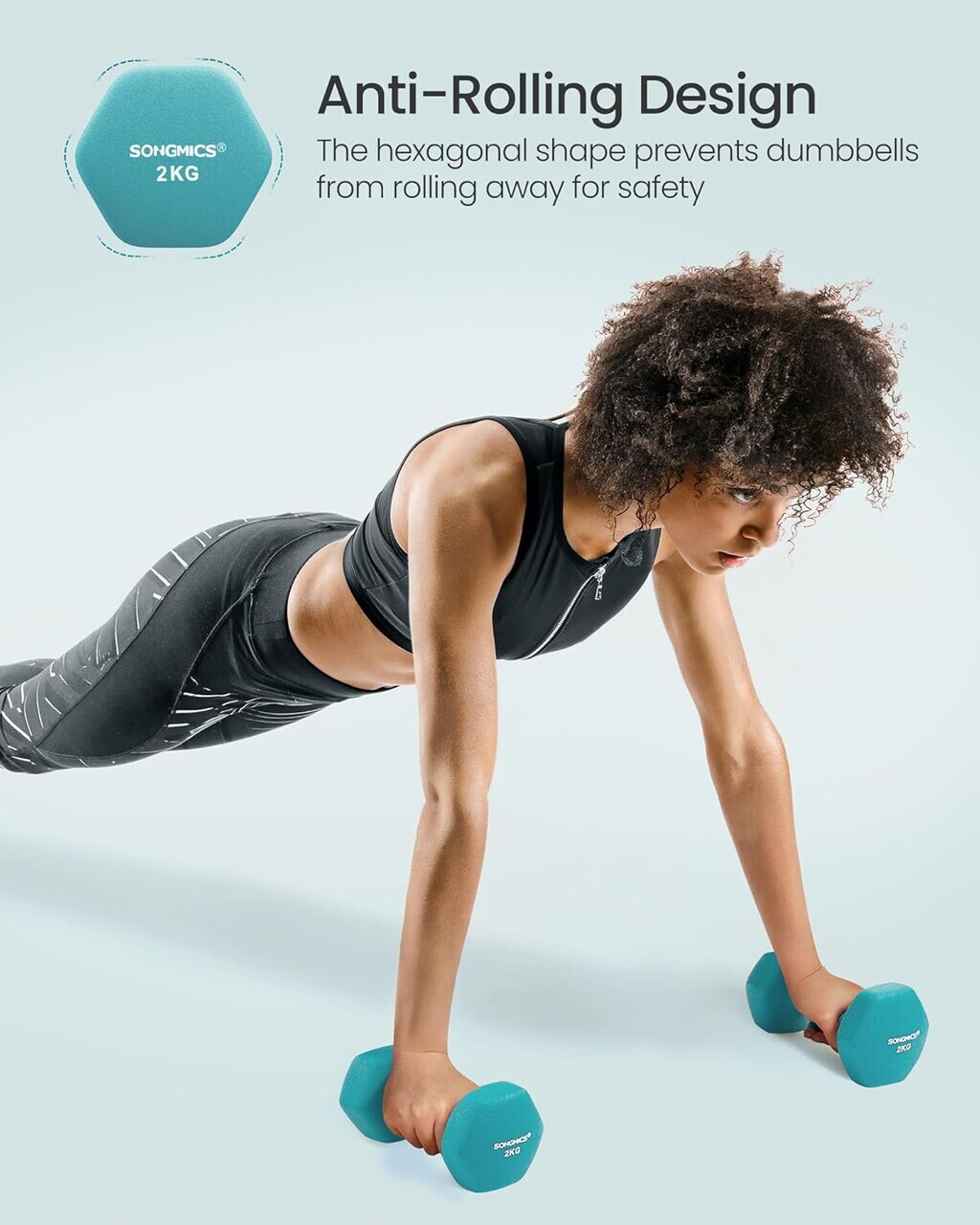 Set gantere fitness 6 piese cu suport, 2 x 1 kg + 2 x 2 kg + 2 x 3 kg, Songmics, neopren, roz/aqua/albastru - imagine 9