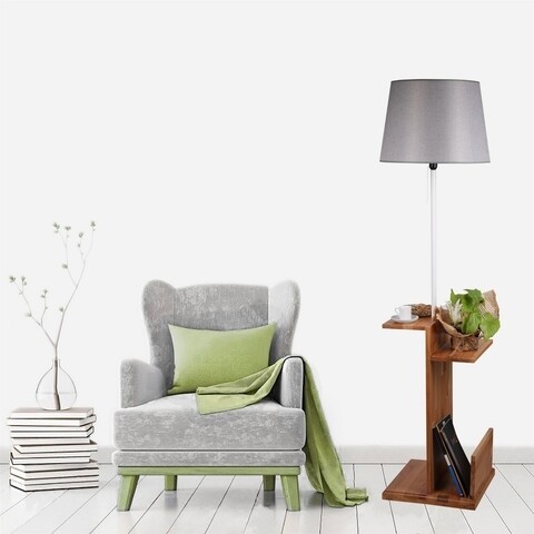 Lampadar cu rafturi, luin, 8275-2, e27, 60 w, metal/lemn/textil