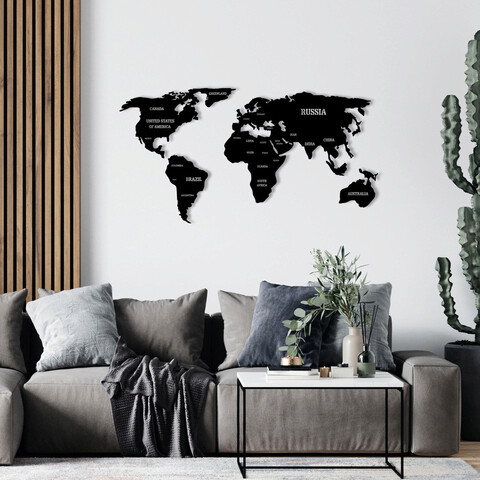 Decoratiune de perete, World Map 3, Metal, Dimensiune: 135 x 69 cm, Negru Enzo