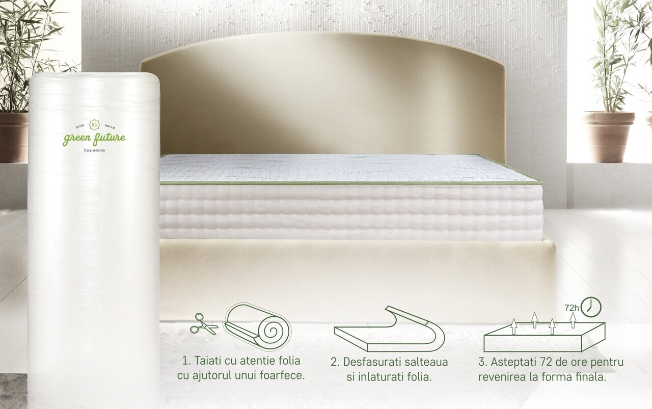 Saltea Ortopedica, Hipoalergenica, Premium Bamboo Memory Latex, 140x190 cm, H 26 cm, Arcuri Pocket, 7 Zone de Confort