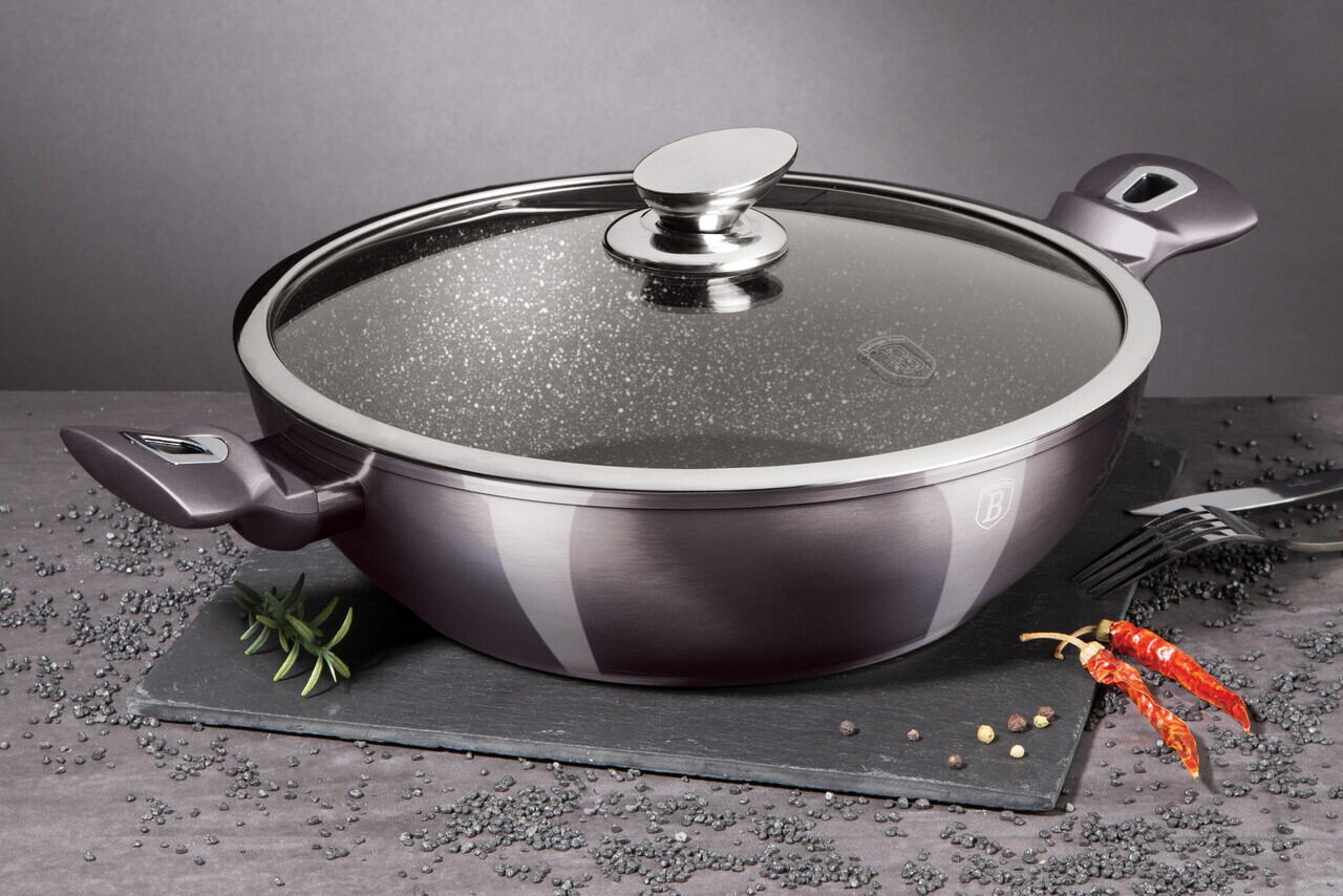 Tigaie Wok cu capac Berlinger Haus, Carbon Pro, 30 cm, aluminiu forjat, gri inchis