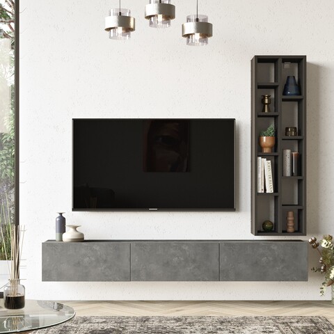 Comoda TV cu raft, Yardley, LV9-RL, pal melaminat, argintiu/negru Comode