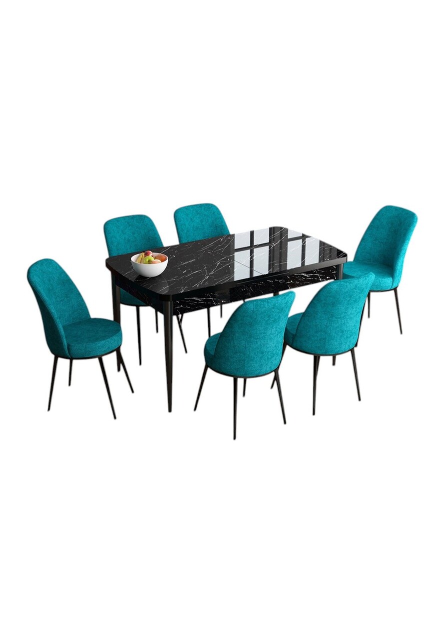 Set masa extensibila si scaune, Hanah Home, Han, Marmură neagră / Turcoaz - view 2