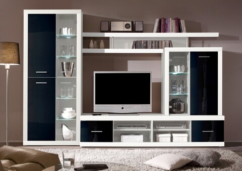 Mobilier living cu LED, 4 piese, Pamela, 284 x 40 x 195 cm, PAL/sticla, alb/negru