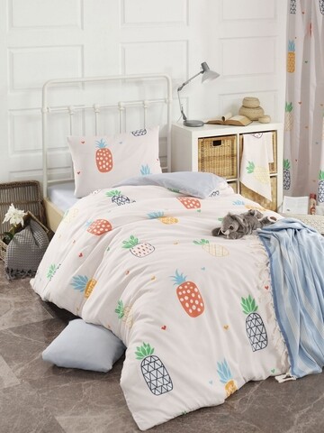 Set cuvertura de pat pentru o persoana joke ananas, enlora home, 3 piese, amestec bumbac, crem