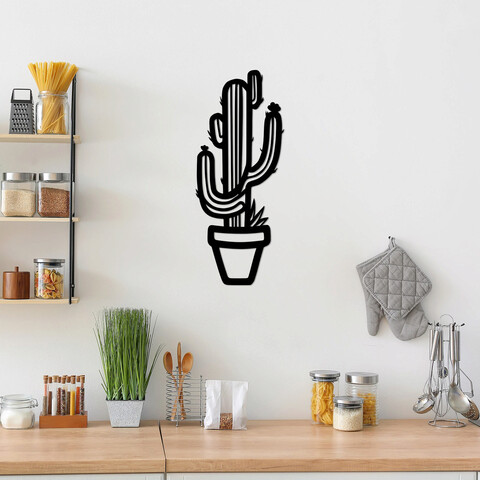 Decoratiune de perete, cactus, metal, dimensiune: 29 x 70 cm, negru