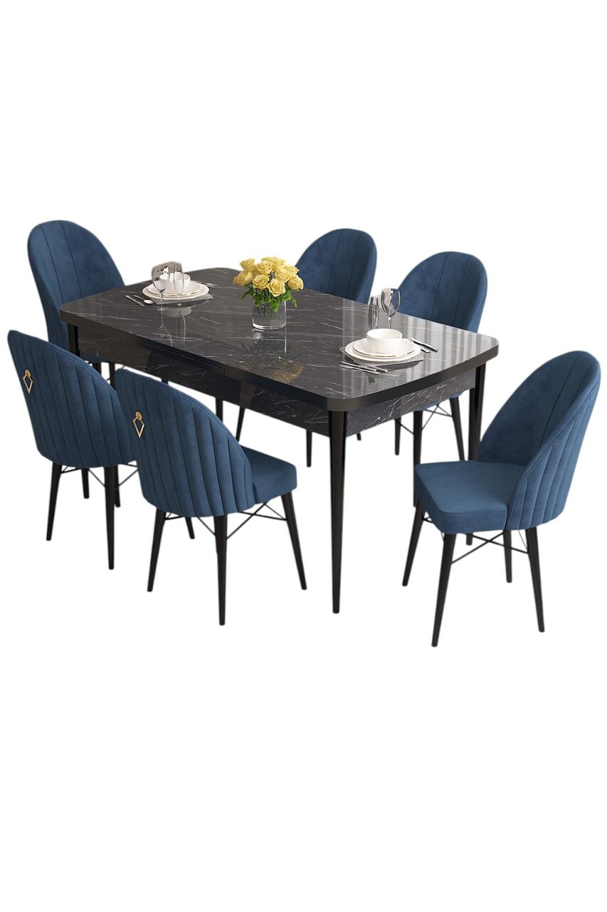 Set masa extensibila si scaune, Hanah Home, Roz, Marmură neagră / Albastru marin - view 2
