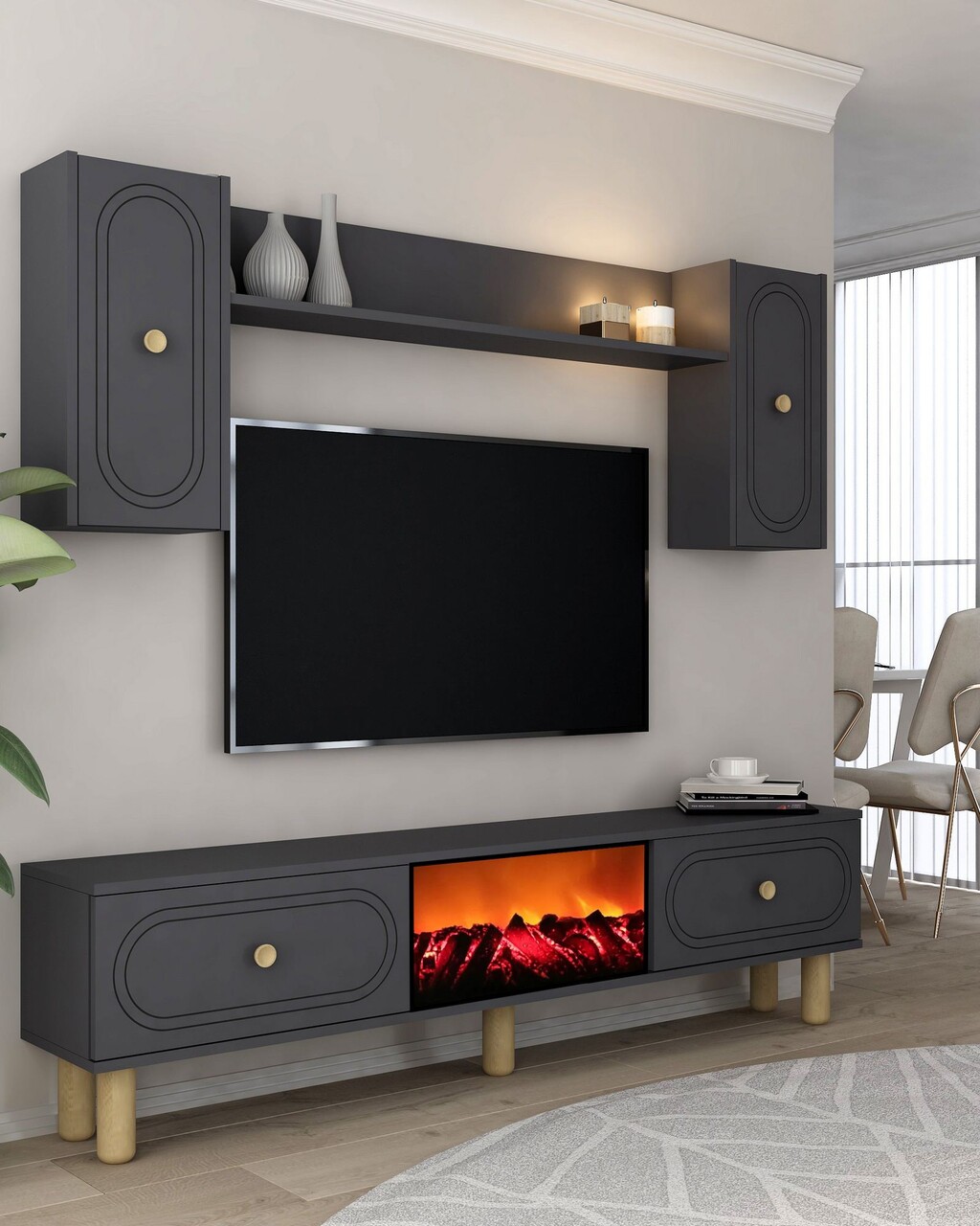 Comoda TV, Hanah Home, Polen Bohem Fireplace, 150x44.6x29.6 cm, PAL , Antracit - imagine 2