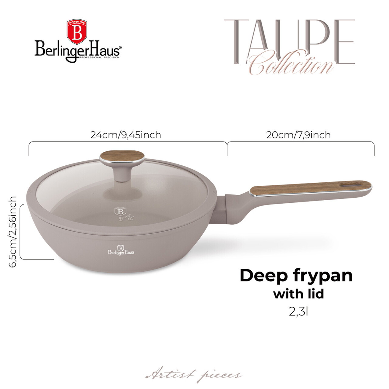 Tigaie adanca cu capac Berlinger Haus, Taupe Nordic, 24 cm, 2.3 L, aluminiu forjat, taupe mat/natur - imagine 12