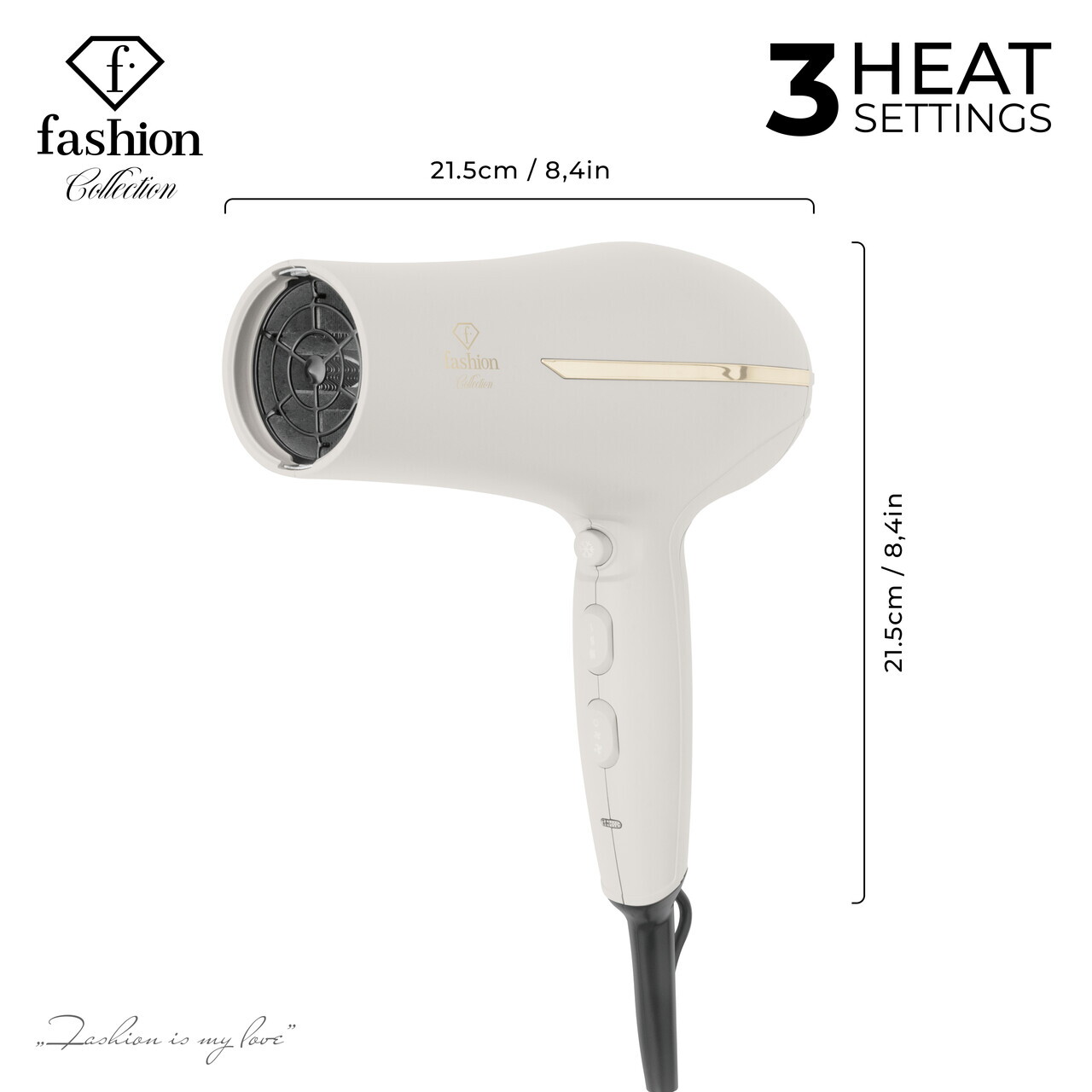 Uscator de par profesional Fashion TV, Matte Cream-Gold, 1950-2300W, 2 viteze, 3 trepte de temperatura, crem - imagine 4
