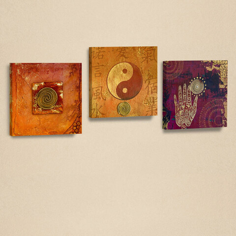 Set 3 tablouri decorative, ahm001, piele ecologica, lemn, portocaliu / violet / crem