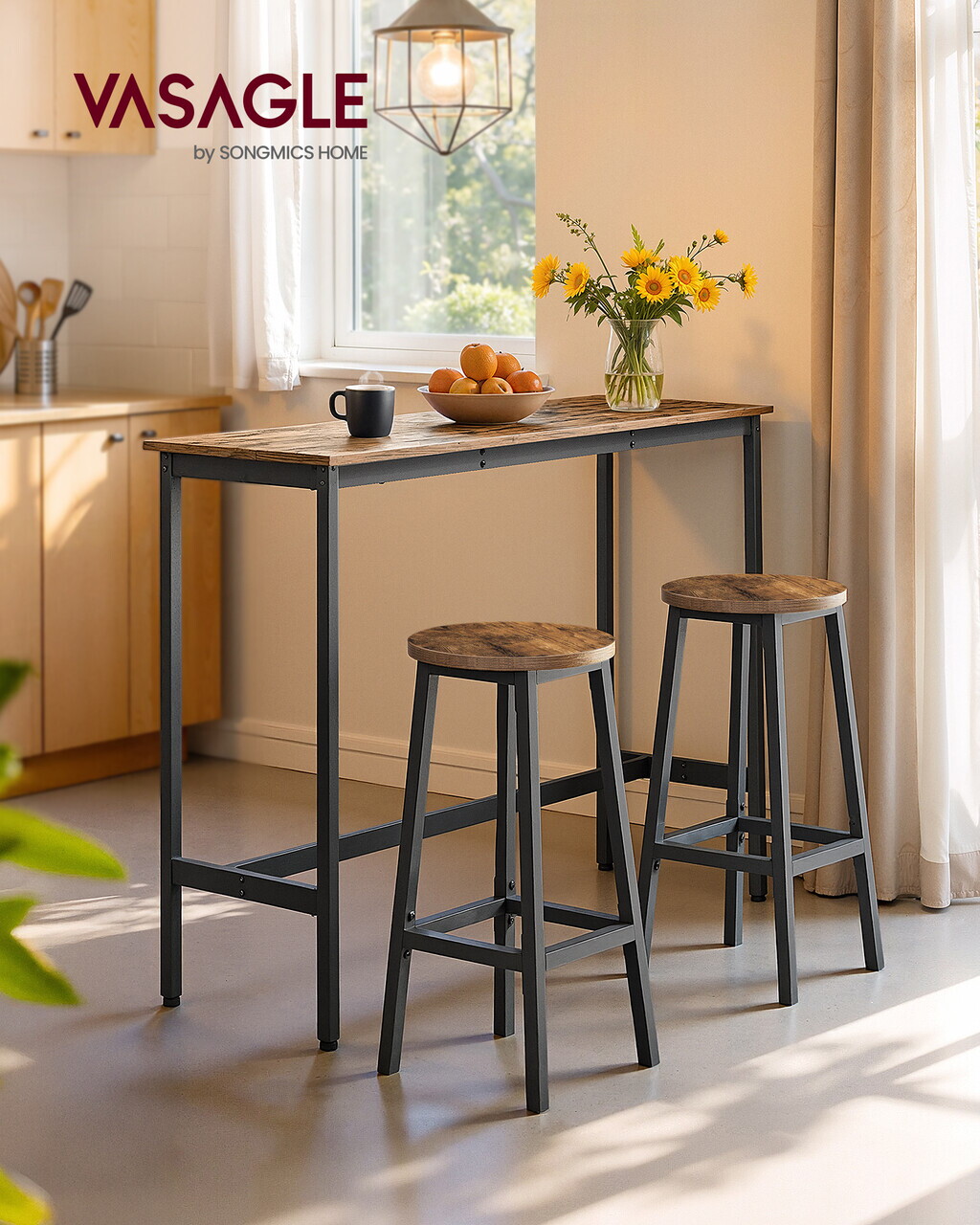 Set 2 scaune de bar, Vasagle, 32x65 cm, PAL/otel, maro rustic/negru - view 6