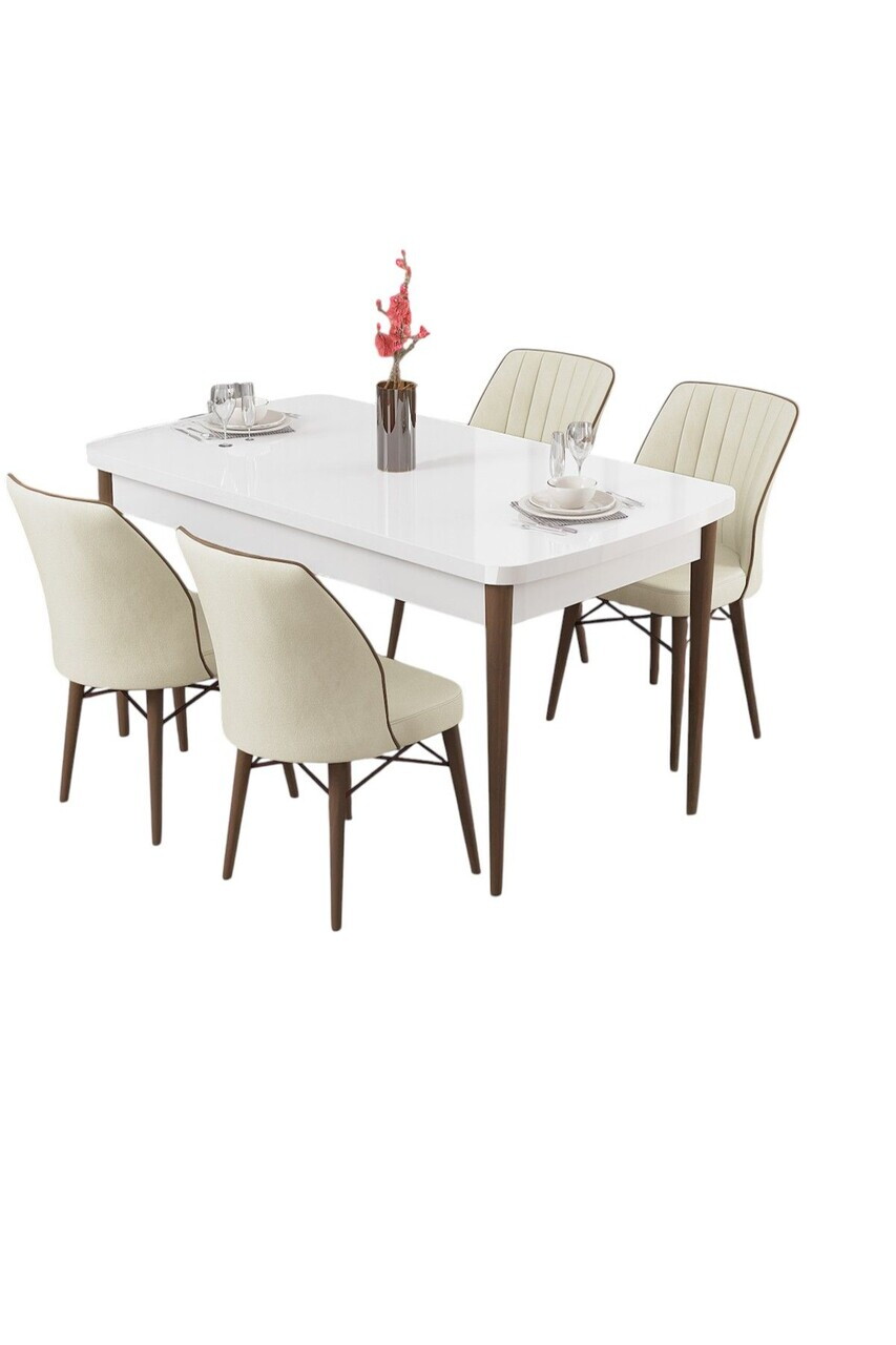 Set masa si scaune (5 piese), Hanah Home, Radde, Alb / Nuc / Crem — imaginea 2