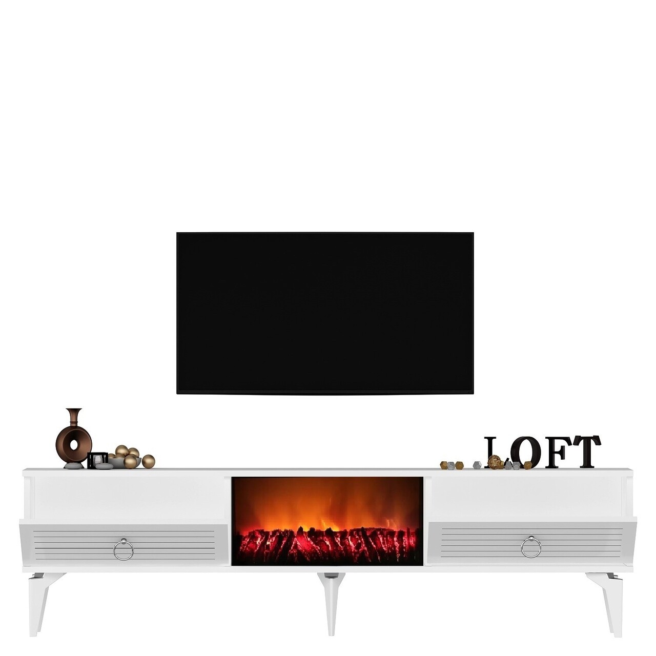Comoda TV, Olivia, Arona Fireplace, 150x44.6x29.6 cm, PAL , Alb - 2 | YEO