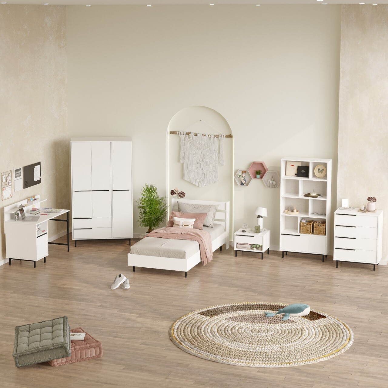 Set dormitor pentru copii, Locelso, ON26-W, Alb