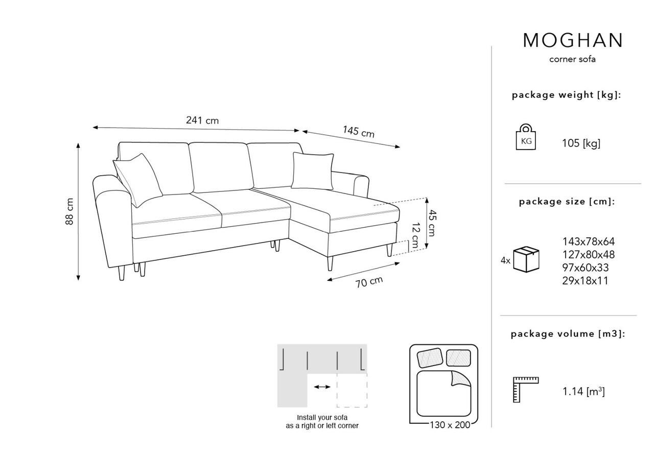 Coltar extensibil reversibil 4 locuri, Moghan, Micadoni Home, BL, 241x145x88 cm, catifea, albastru inchis