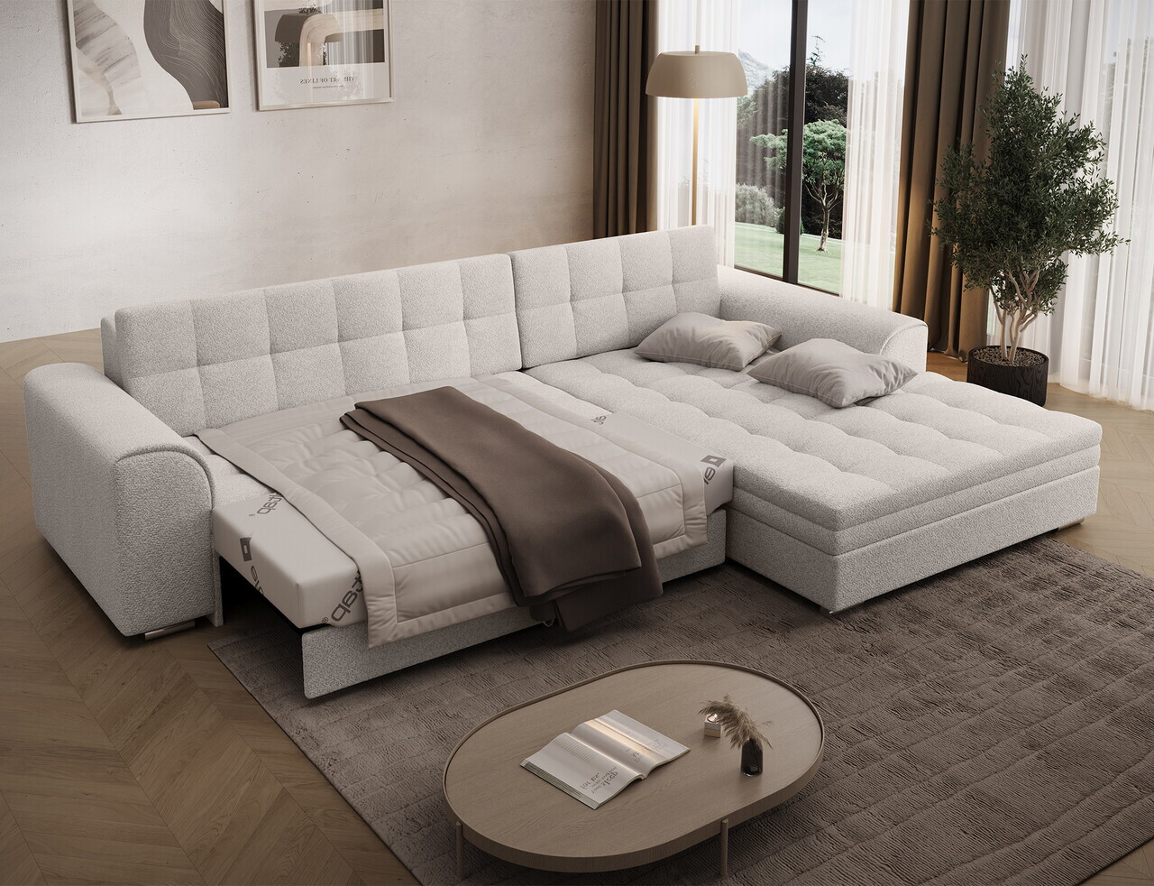 Coltar extensibil dreapta 4 locuri ELTAP, Sorento, 296x194x78 cm, lemn/poliester, alb murdar — imaginea 6