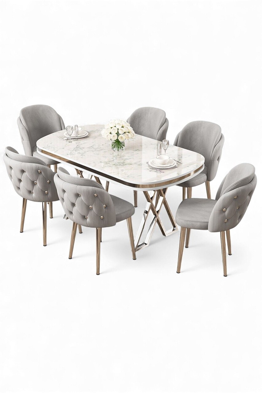 Set masă și scaune (7 piese), Hanah Home, Zae, Marmură albă / Crom / Gri - view 2