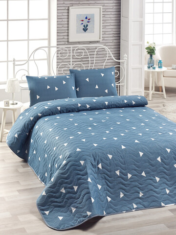 Set cuvertura de pat dubla 3 piese, Üçgen - Blue, Eponj Home, 65% bumbac/35% poliester