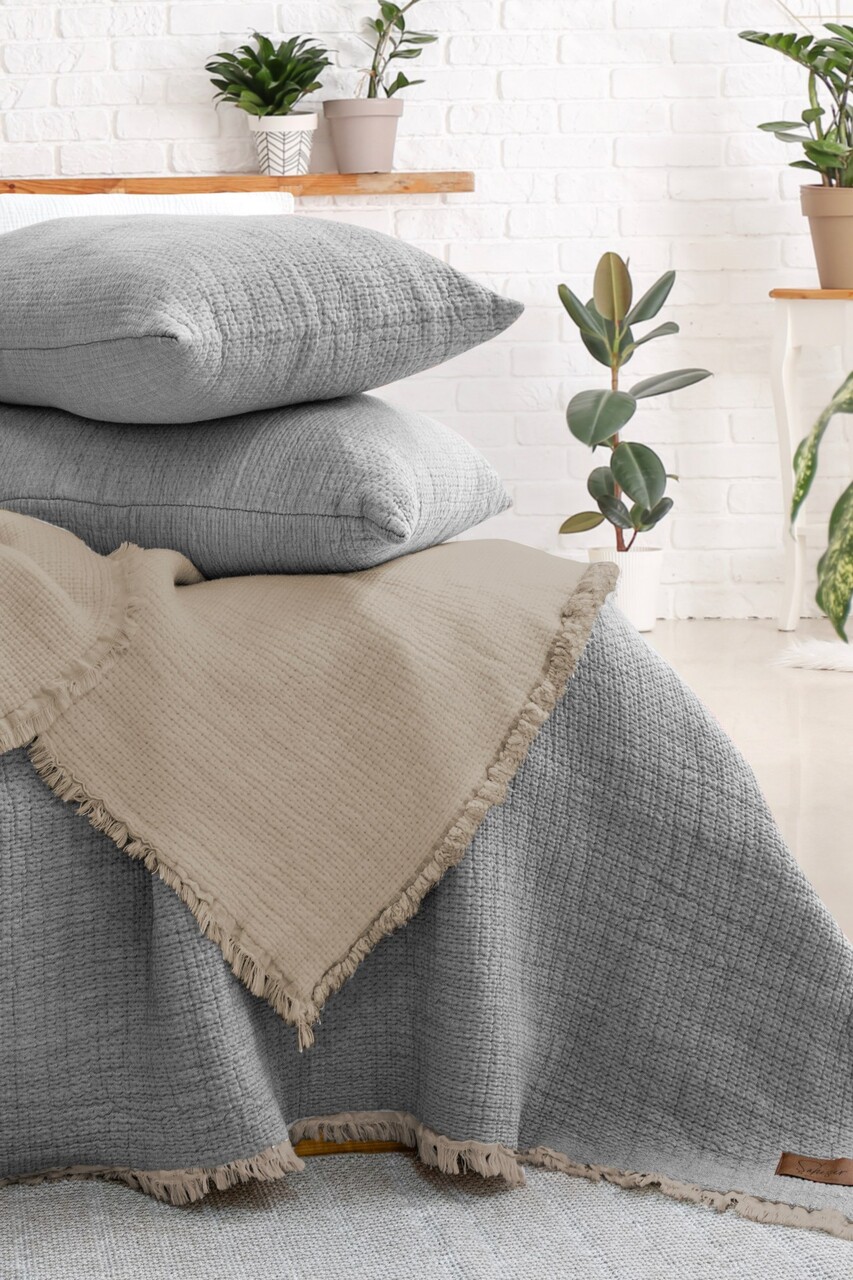 Set cuvertura de pat dubla 3 piese, Alda - Grey, Şaheser, 70% bumbac/30% poliester