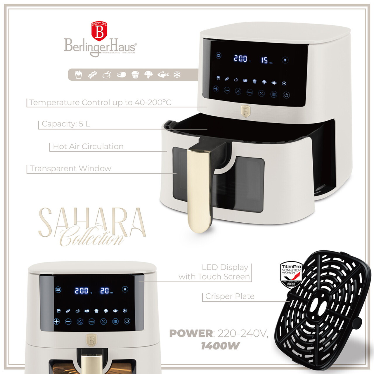 Friteuza cu aer cald si fereastra Berlinger Haus, Sahara, 5 L, 1400W, crem mat - imagine 8