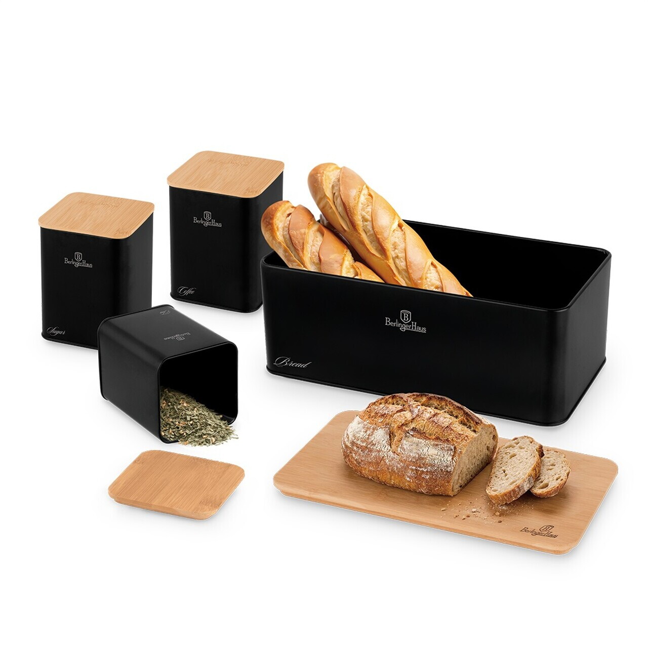 Set cutie pentru paine si 3 recipiente Berlinger Haus, Matte Black, 33x18x12 cm, otel carbon, negru mat/natur - view 2