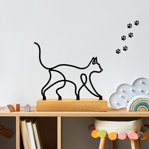 Decoratiune, Meow, 17x8x17 cm, Metal, Lemn/Negru
