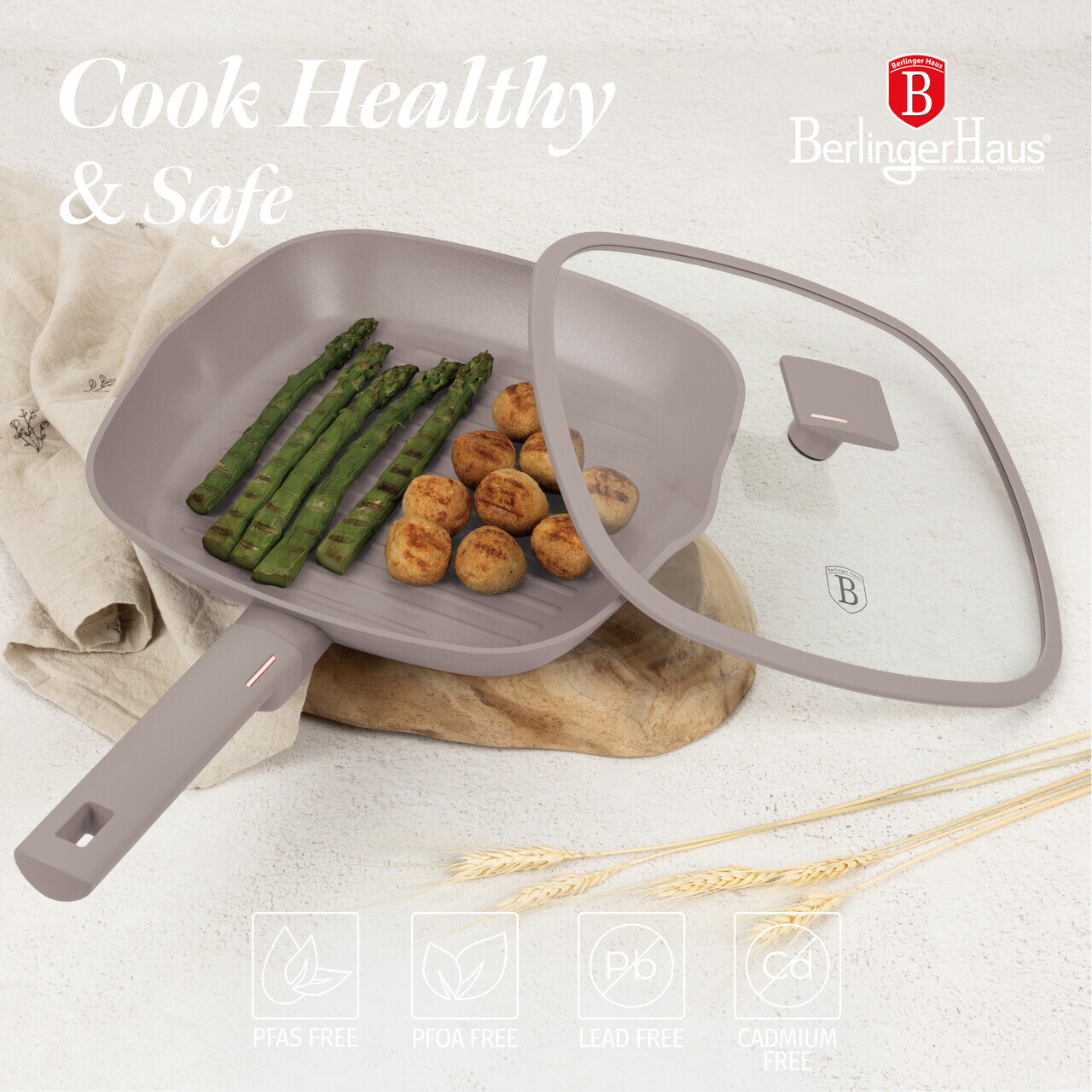 Tigaie grill cu capac Berlinger Haus, Taupe, 28 cm, 2.1 L, aluminiu forjat, taupe mat - imagine 14