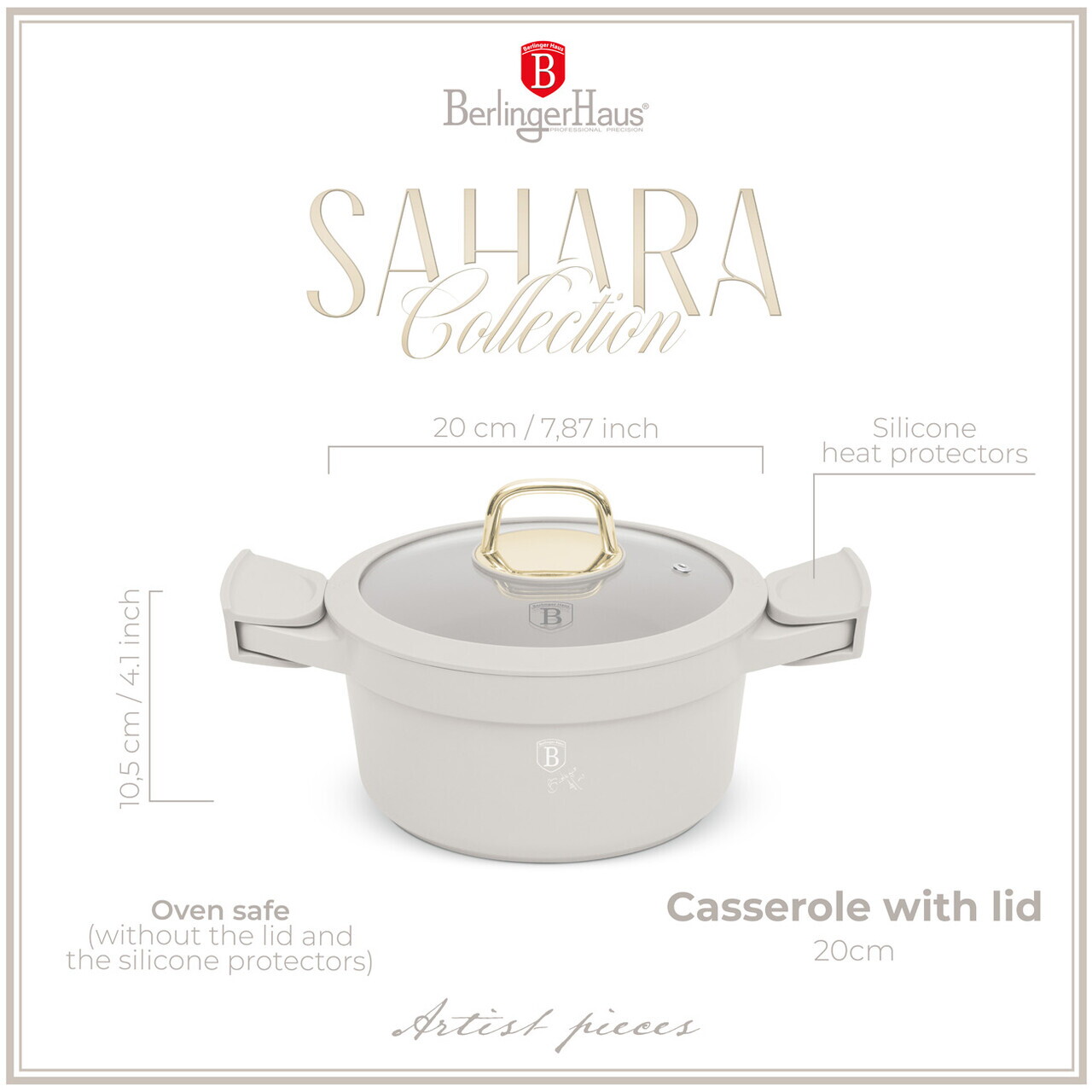 Oala cu capac Berlinger Haus, Sahara, 20 cm, 2.8 L, aluminiu, crem mat - imagine 11