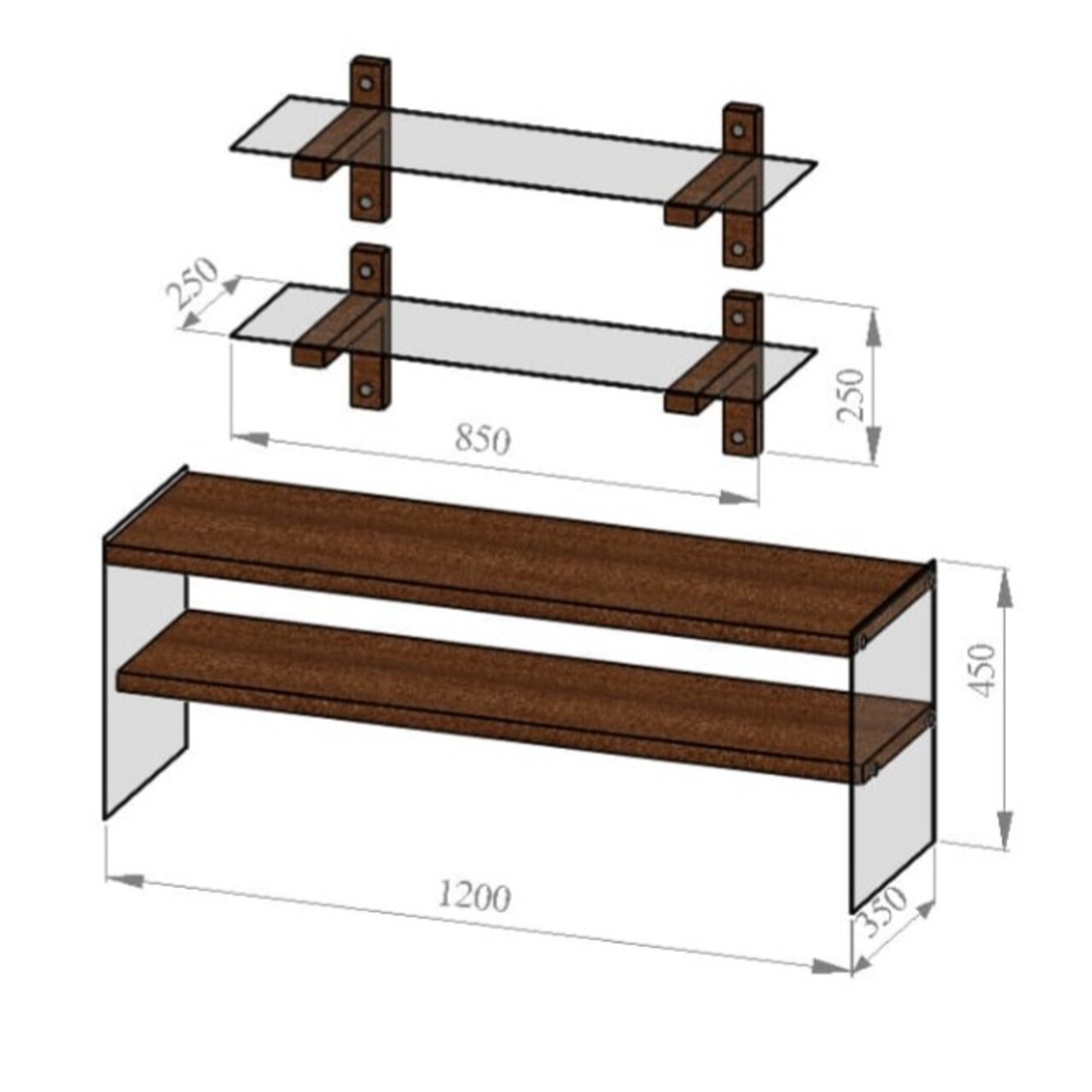 Comoda TV Cu Rafturi De Perete Neostill TV102, 120 X 45 Cm/85 X 25 Cm, Walnut