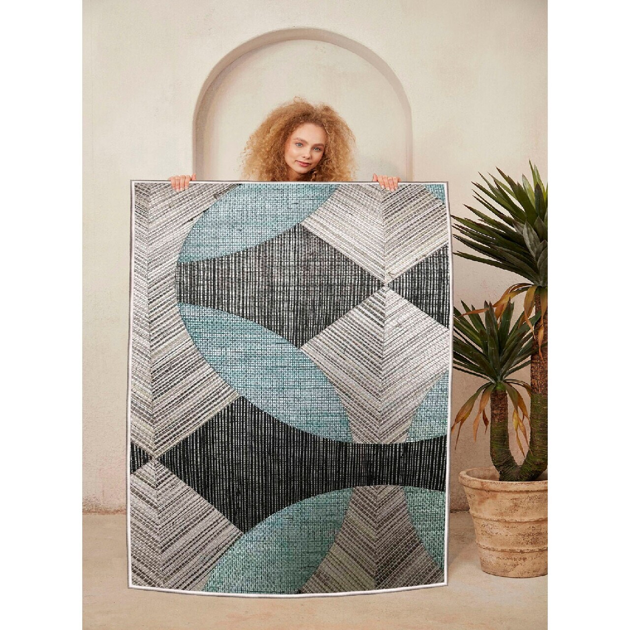 Covor, Woosonıl047, 100x300 cm, Albastru / Gri / Negru — imaginea 3