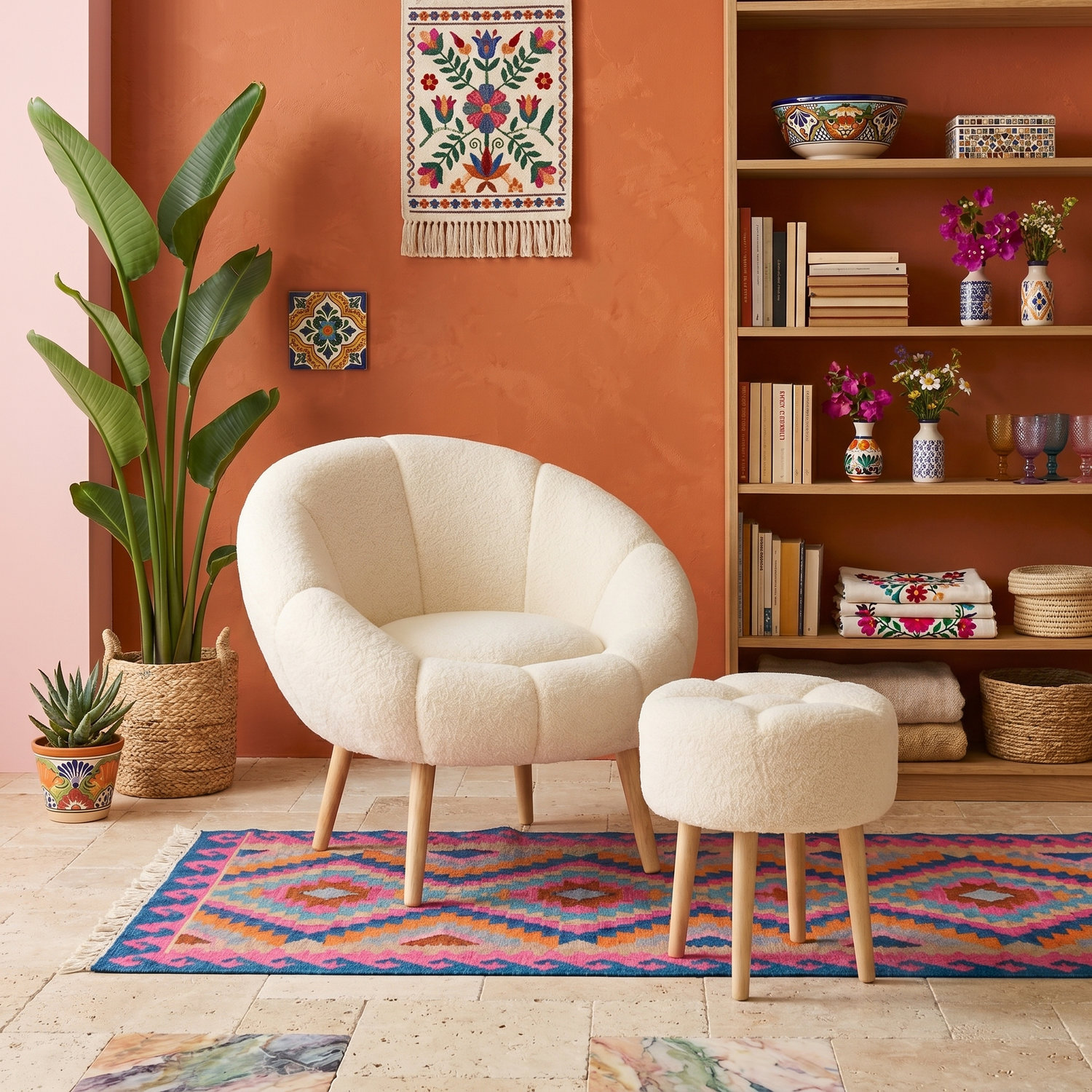Set fotoliu cu aripioare și puf (2 piese), Atelier del Sofa, 666HAC5104, PAL, Crem