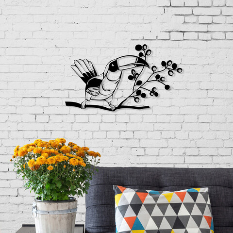 Decoratiune de perete, toucan, metal, dimensiune: 50 x 29 cm, negru