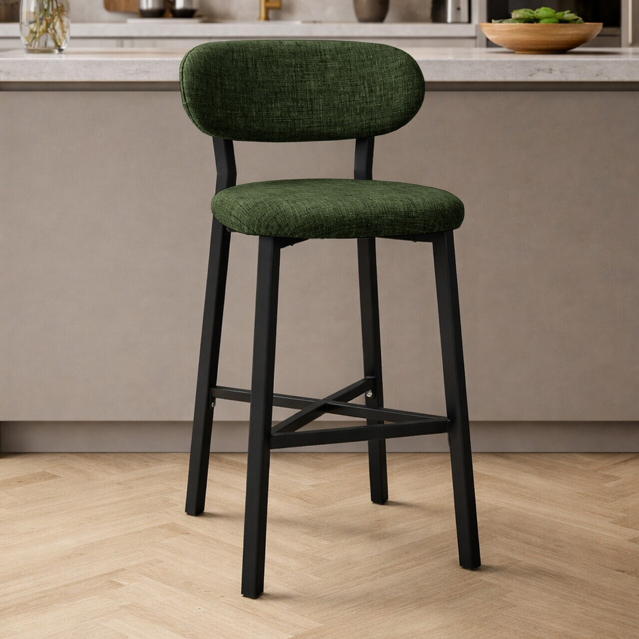 Scaun de bar, Hanah Home, Luna, 42x100x45 cm, Fier/Poliester/In, Verde — imaginea 2