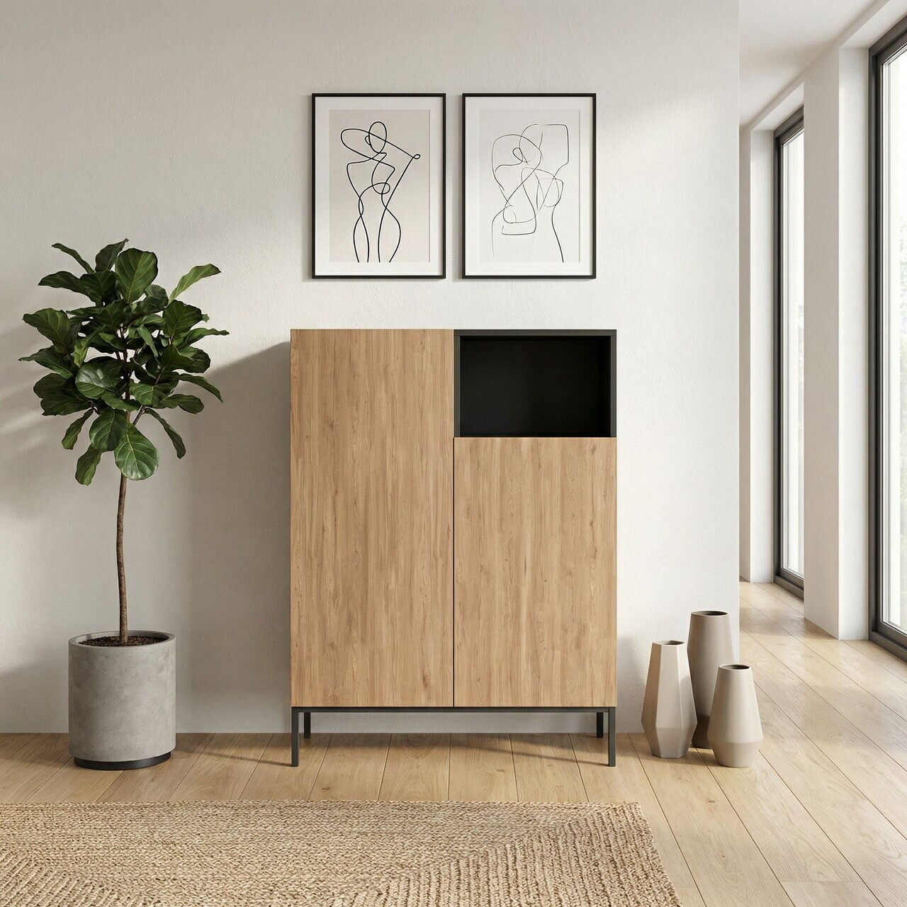 Bufet, Hanah Home, Cailin, 90x120x41.8 cm, PAL, Stejar Sepet / Negru lemn / Gresie - 2