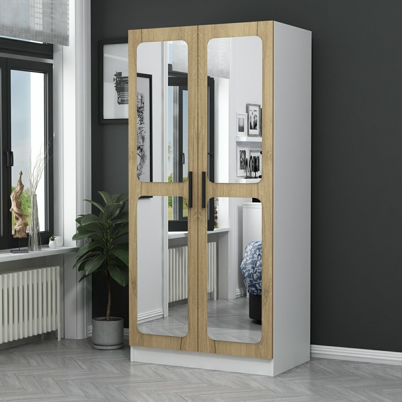 Dulap pentru haine, Minerva, Kale Mirror Walnut, 90x190x52 cm, PAL, Maro - 1 | YEO