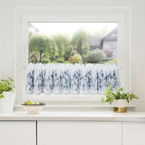 Perdea transversala eurofirany, blue flowers, 30x150 cm, poliester, alb/albastru