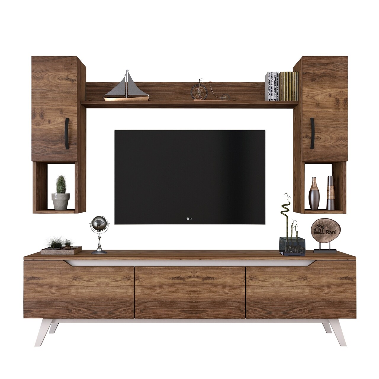 Comoda TV Cu Raft De Perete Si 2 Cabinete M27 - 833, Wren, 180 X 35 X 48.6 Cm/133 Cm, Walnut/white