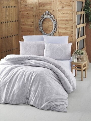 Lenjerie de pat dubla King Size, Victoria, Ornament Grey, 4 piese, 100% bumbac ranforce, gri 100 imagine noua 2022