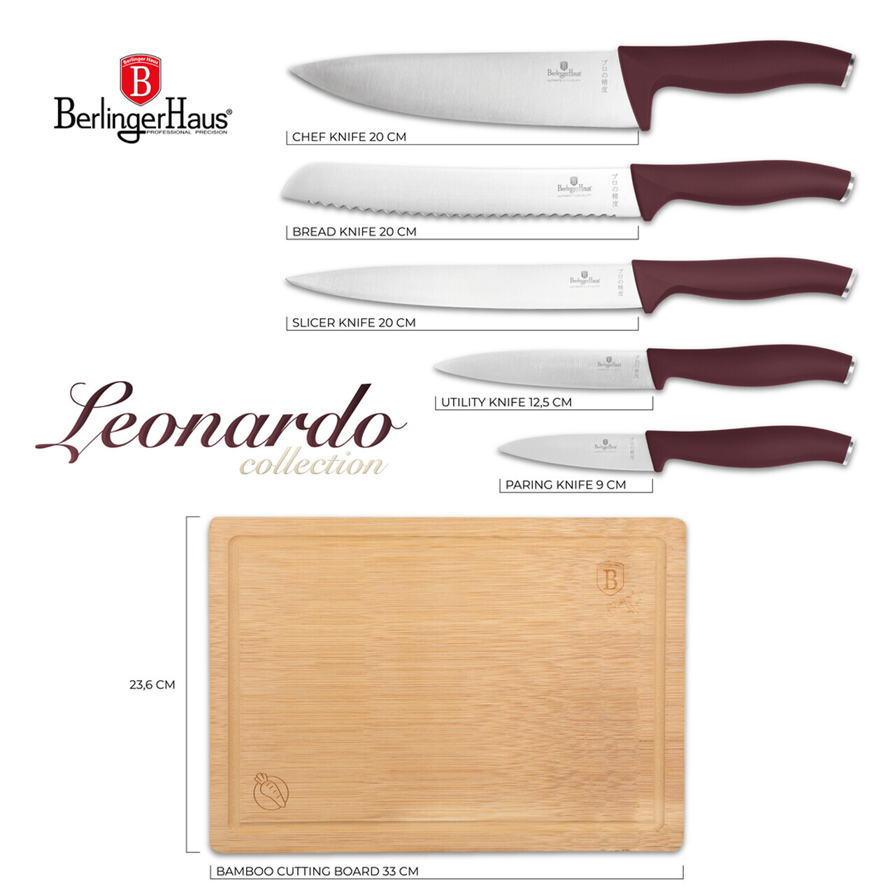 Set 5 cutite cu tocator Berlinger Haus, Leonardo, inox/bambus, visiniu mat/natur - imagine 6
