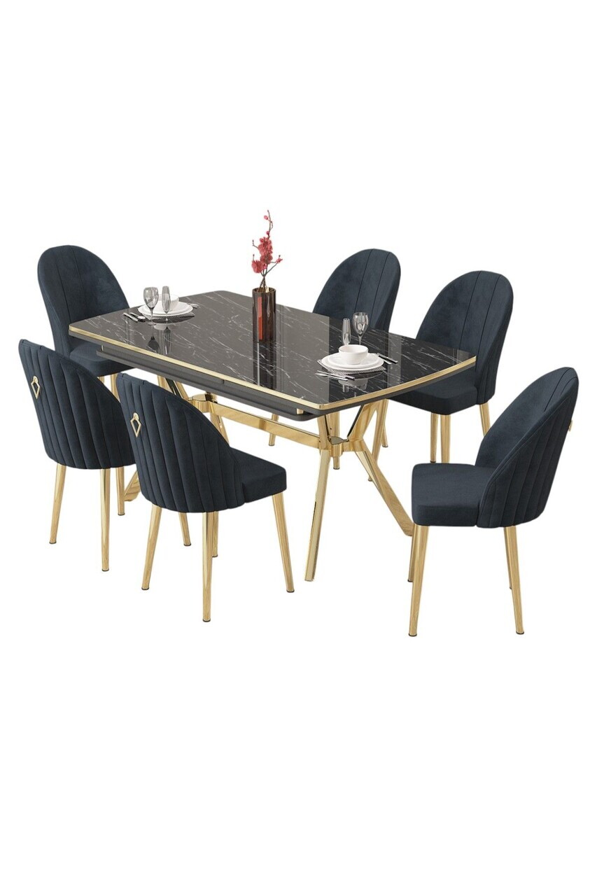Set masa extensibila si scaune (7 piese), Hanah Home, Sim, Model de marmură neagră / Auriu / Antracit — imaginea 2