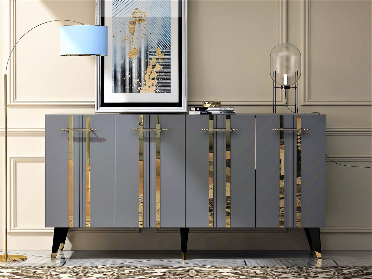 Consola, Olivia, Asel, 150x80x40 cm, PAL , Antracit / Aur - 1 | YEO