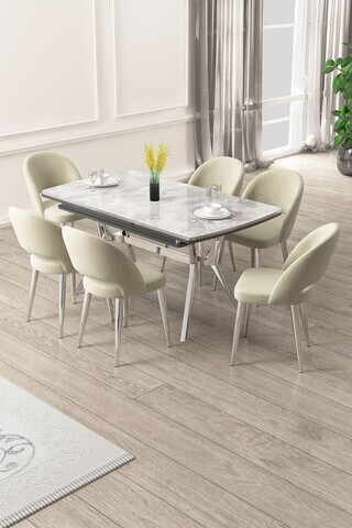 Set masa extensibila si scaune (7 piese), Hanah Home, Weps, Gri / Crom / Crem