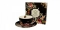 Ceasca cu farfurie Vintage Flowers, Duo, 280 ml, portelan, negru