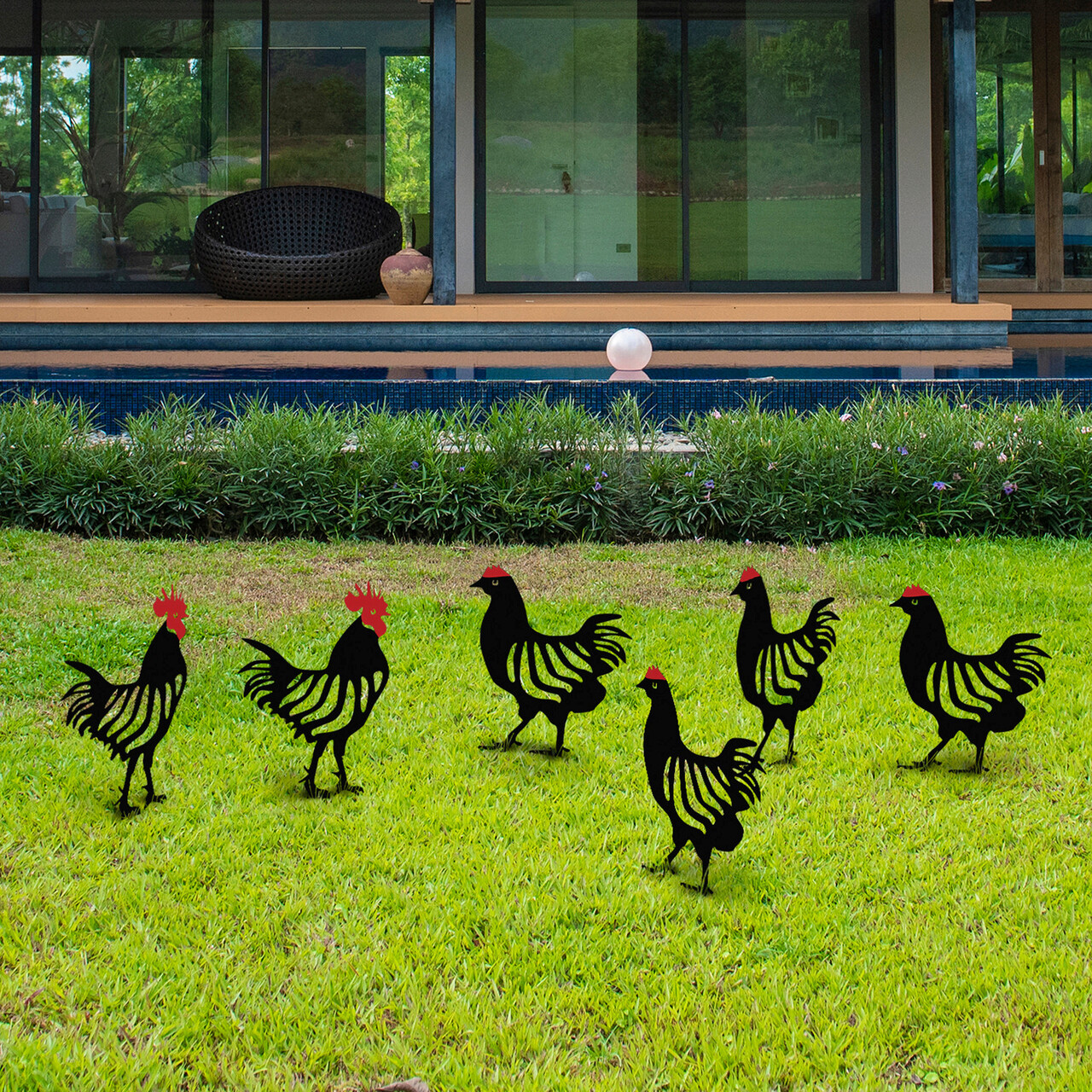 Set Decoratiuni Pentru Gradina, Chicken Family 6, Metal, Negru