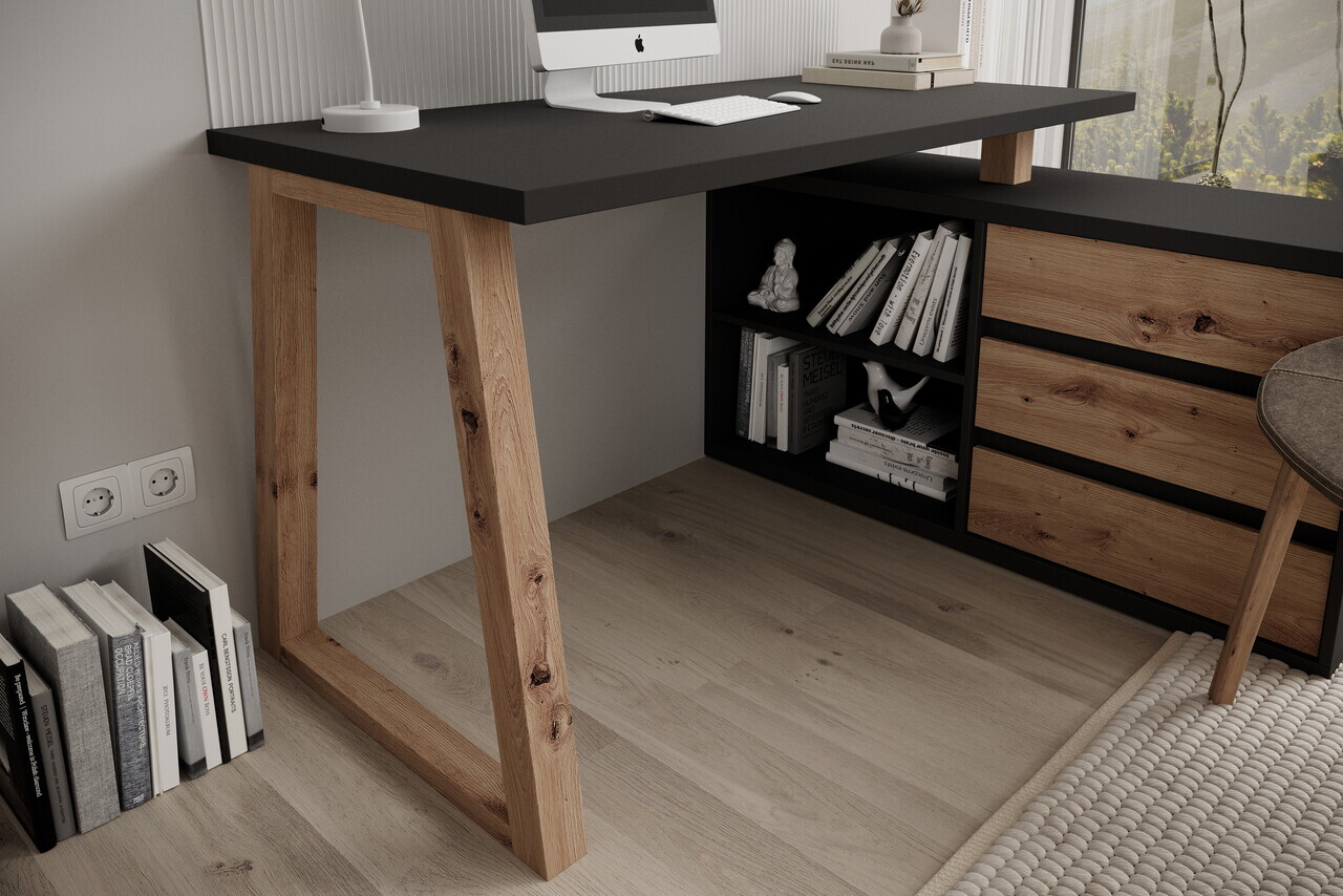 Birou cu dulap lateral ADRK, Iwo II, 135x115x75.2 cm, PAL laminat, grafit/artisan — imaginea 2