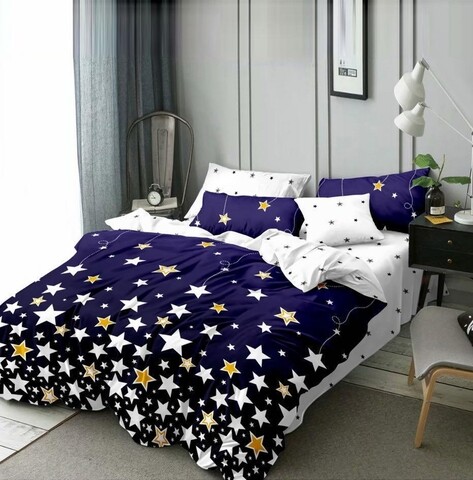 Lenjerie de pat dubla, king size, 4 piese, bs035, policoton, multicolor