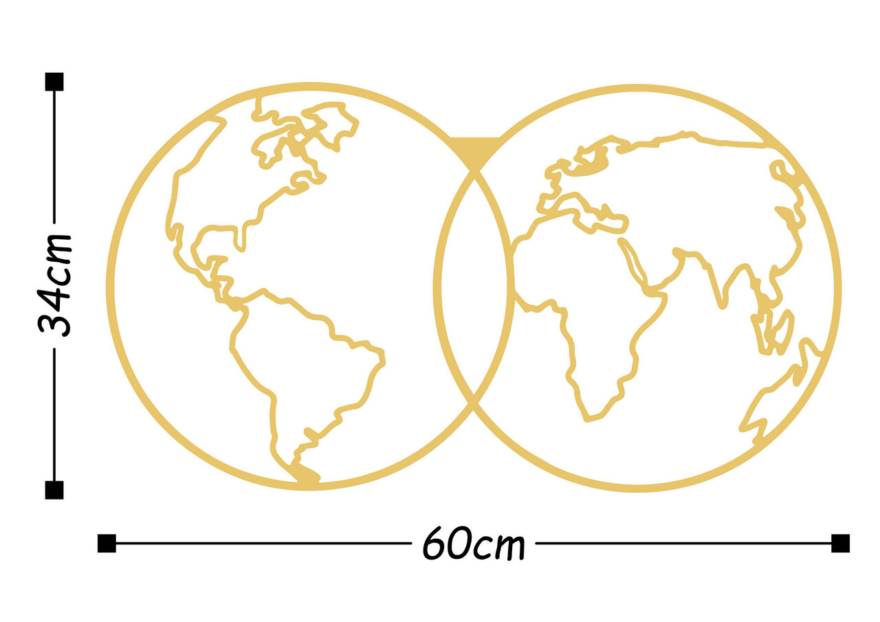 Decoratiune de perete, World Map Metal Decor, Metal, Dimensiune: 60 x 34 cm, Auriu