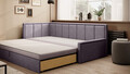 Canapea extensibila brat stanga 3 locuri, ELTAP, Fulgeo, 214x82x77 cm, lemn/catifea din poliester, bej/mov